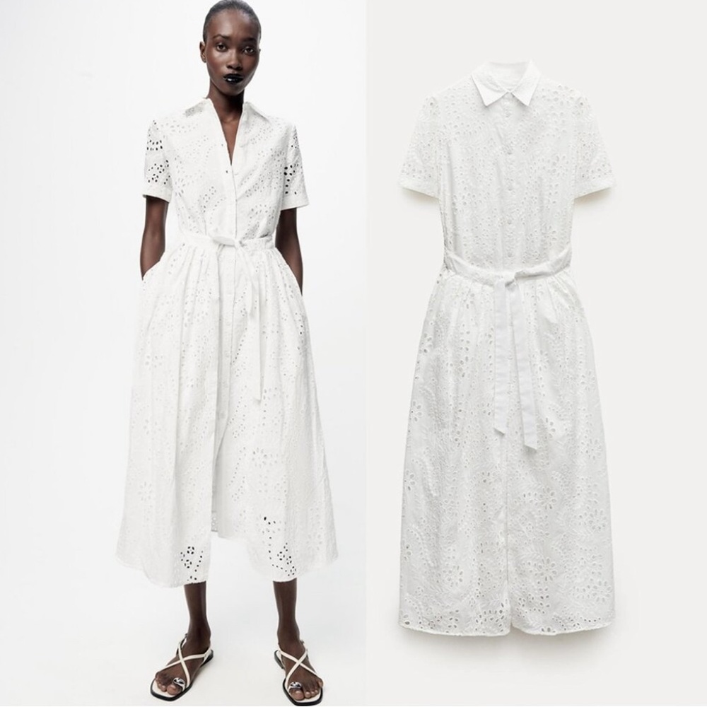 Zara White Eyelet Midi Dress NEW NEVER WORN WITH TAGS